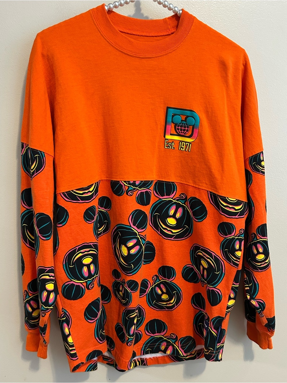 Disney Parks WDW Halloween Mickey Mouse Pumpkin Spirit Jersey Orange Pullover XS